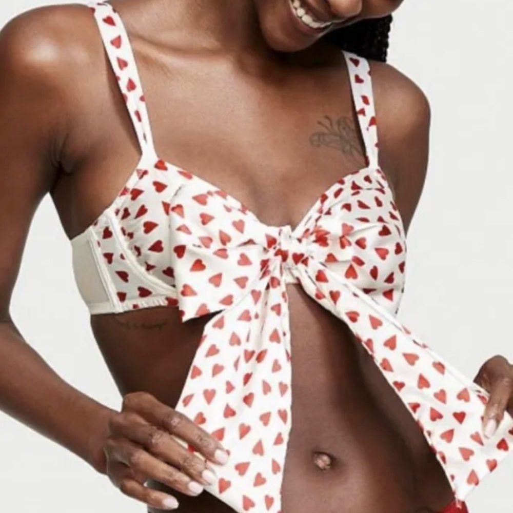 VICTORIA'S SECRET RED HEART BOW UNLINED OPEN CUP BALCONETTE BRA LARGE  VALENTINE